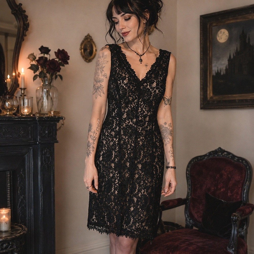 Ann Taylor LOFT Black Lace Dress Womens Sz 8 Gothic Romantic Cocktail Party Midi